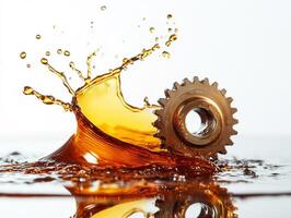 Mechanical gear splashes through vibrant liquid in creative display photo