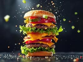 Delicious stacked burger with fresh ingredients and cheese photo