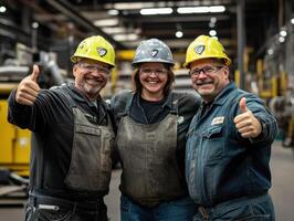 Workers celebrate success in industrial facility during the day photo