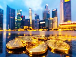 Bits of cryptocurrency shine against Singapore's skyline at dusk photo
