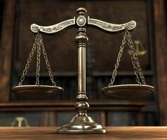 Balancing scales symbolizing justice in a courtroom setting photo
