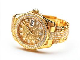 Luxury gold watch with sparkling diamond accents on display photo