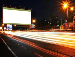 Bright lights illuminate a busy road at night with blank billboard photo