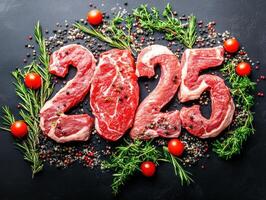 Creative meat arrangement representing the year 2025 photo