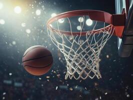 Basketball hitting the net in an indoor sports arena photo