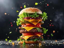 Delicious stacked cheeseburger with fresh toppings and sesame bun photo