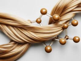 Hair strands intertwined with molecular structure in artistic display photo