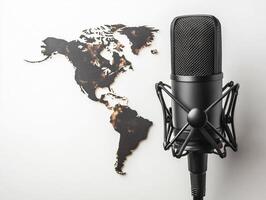 Microphone positioned next to an artistic world map on a wall photo