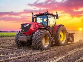 Tractors work on a farm during sunset creating a scenic landscape photo