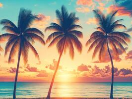 Sunset over the ocean with palm trees on a tropical beach photo