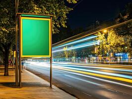 City street at night with light trails and a blank billboard photo