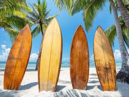 Surfers prepare for fun day at the beach with vintage surfboards photo