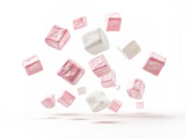 Colorful marshmallows floating in mid-air on a bright background photo