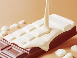 Melted chocolate cascades over a bar creating a creamy effect photo