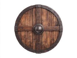 Wooden shield with metal details on a neutral backdrop photo