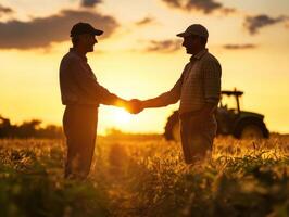 Farmers shaking hands during sunset on a warm evening photo