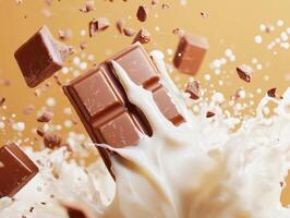 Chocolate bar splashing into creamy milk in dynamic action shot photo