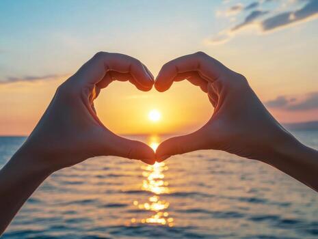 Sunset heart shape created by hands over calm ocean waters photo