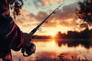 Evening fishing at the lake during sunset in autumn photo