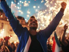Celebration with fireworks in city square during evening festivities photo