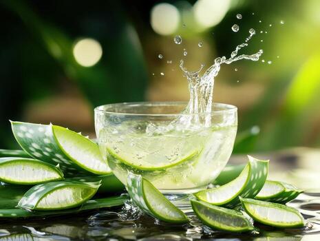 Refreshing aloe vera beverage splashes in a glass with lime slices photo