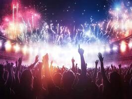 Exciting crowd celebration at night with colorful fireworks display photo
