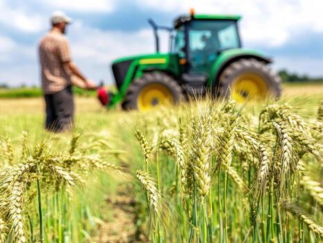 Tractor working in wheat field during a sunny day photo