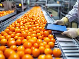 Workers in a fruit processing facility monitor oranges on conveyor photo