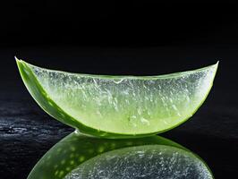 Fresh aloe vera slice glistening on dark surface photo
