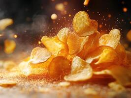 Crunchy potato chips fall in a flare of flavor and texture photo