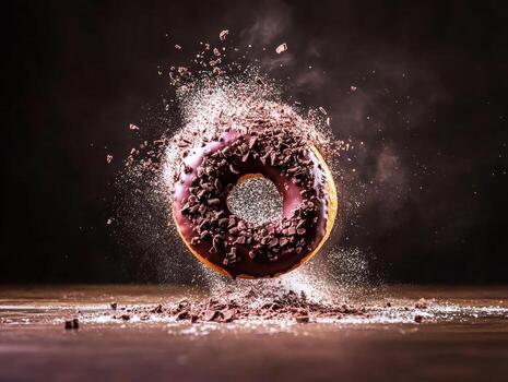Chocolate donut exploding with toppings in a dark setting photo
