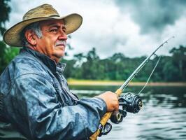 Elderly fisherman enjoying a peaceful day by the water photo