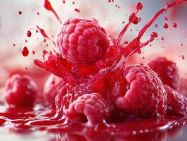 Raspberries create a vibrant splash in fresh juice photo