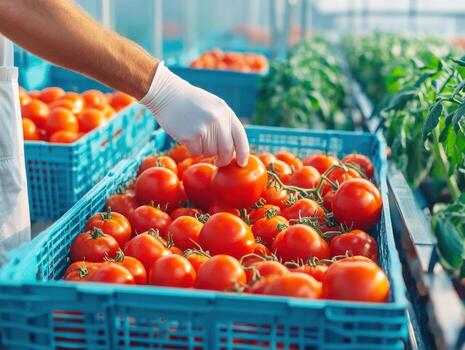 Harvesting ripe tomatoes in a greenhouse setting during daytime photo