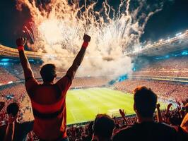 Exciting moments at a soccer match with fireworks and fans cheering photo