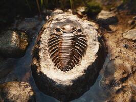 Trilobite fossil discovered in natural sediment near water photo