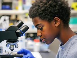 Young scientist examining specimen under microscope in lab workshop photo