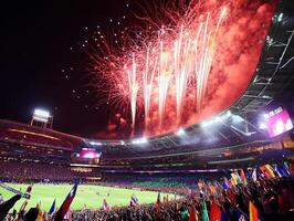 Fireworks illuminate stadium during exciting sports event photo