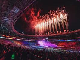 Spectacular fireworks display at a vibrant stadium concert photo