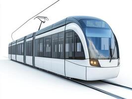 Modern train design on railway tracks in a minimalist setting photo
