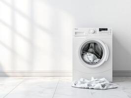 Modern washing machine with laundry on floor in bright room photo