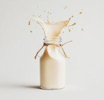 Milk splashing from a glass bottle in a clean setting photo