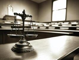 Courtroom setting with scales representing justice and legality photo
