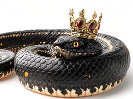 Snake wearing a crown resting on a white surface photo