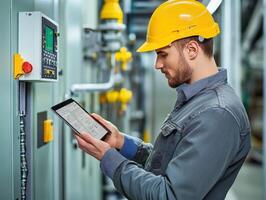 Worker checks machinery data while standing in industrial environment photo