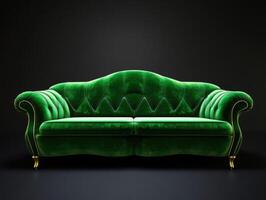 Elegant green velvet sofa with classic design in dark setting photo
