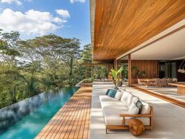 Modern villa with infinity pool overlooking lush landscape photo