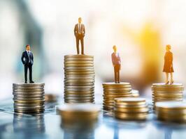 Business figures standing on stacks of coins in financial setting photo