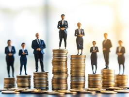 Business professionals standing on stacks of coins at a bright office photo