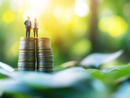 Figures standing on stacks of coins in a green environment photo